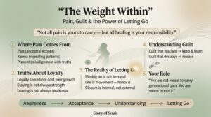 Spiritual infographic on pain, guilt, and letting go with healing steps and life insights