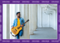 Landscape editorial image of Indian singer Ishq Shaikh holding a guitar with Story of Souls branded purple border and logo frame.