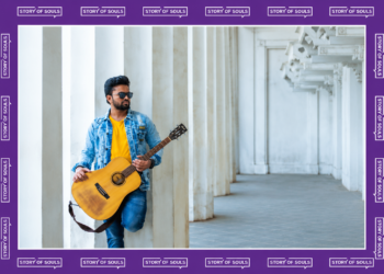 Landscape editorial image of Indian singer Ishq Shaikh holding a guitar with Story of Souls branded purple border and logo frame.