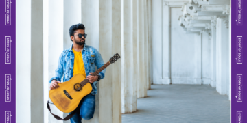 Landscape editorial image of Indian singer Ishq Shaikh holding a guitar with Story of Souls branded purple border and logo frame.