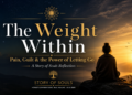 Meditating at sunrise with “The Weight Within” title on a dark spiritual background