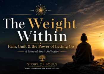 Meditating at sunrise with “The Weight Within” title on a dark spiritual background