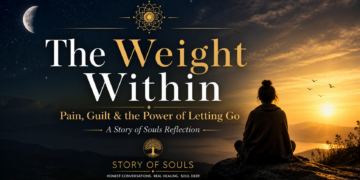 Meditating at sunrise with “The Weight Within” title on a dark spiritual background