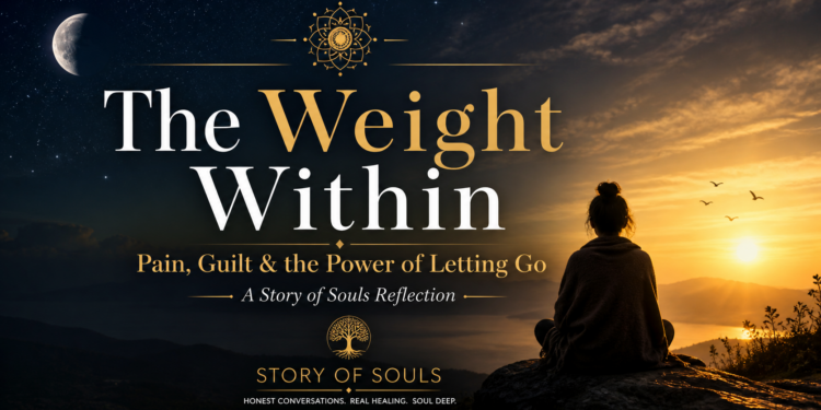 Meditating at sunrise with “The Weight Within” title on a dark spiritual background